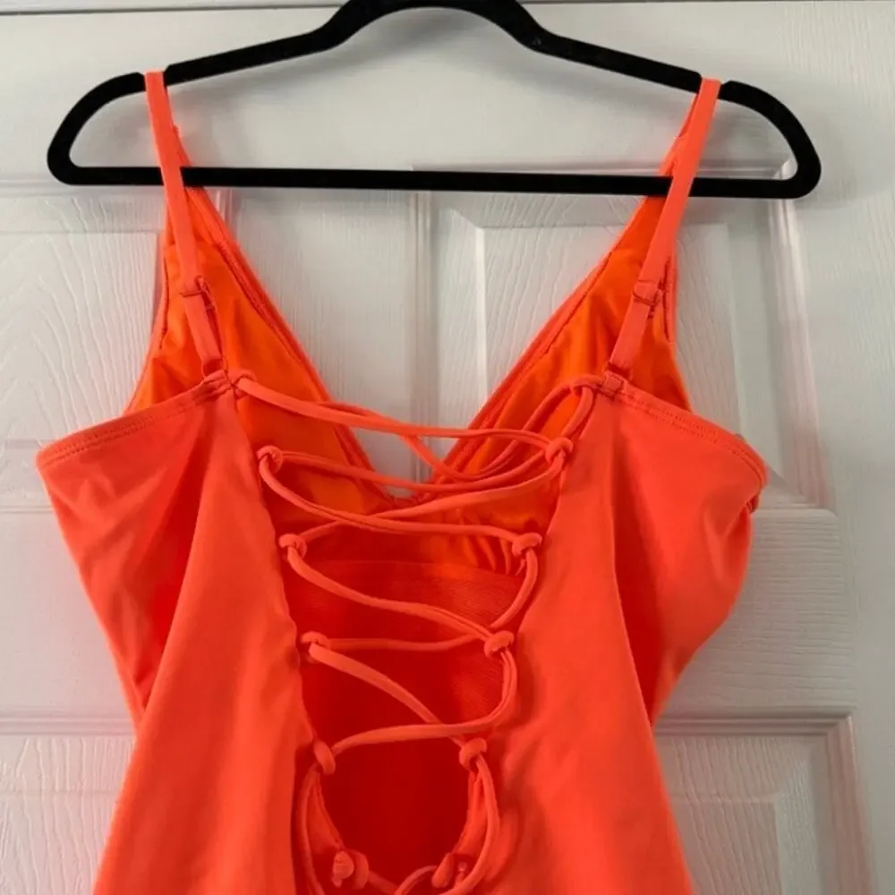 ta3 hi cut plungey one piece swim in orange, women size medium regular / long